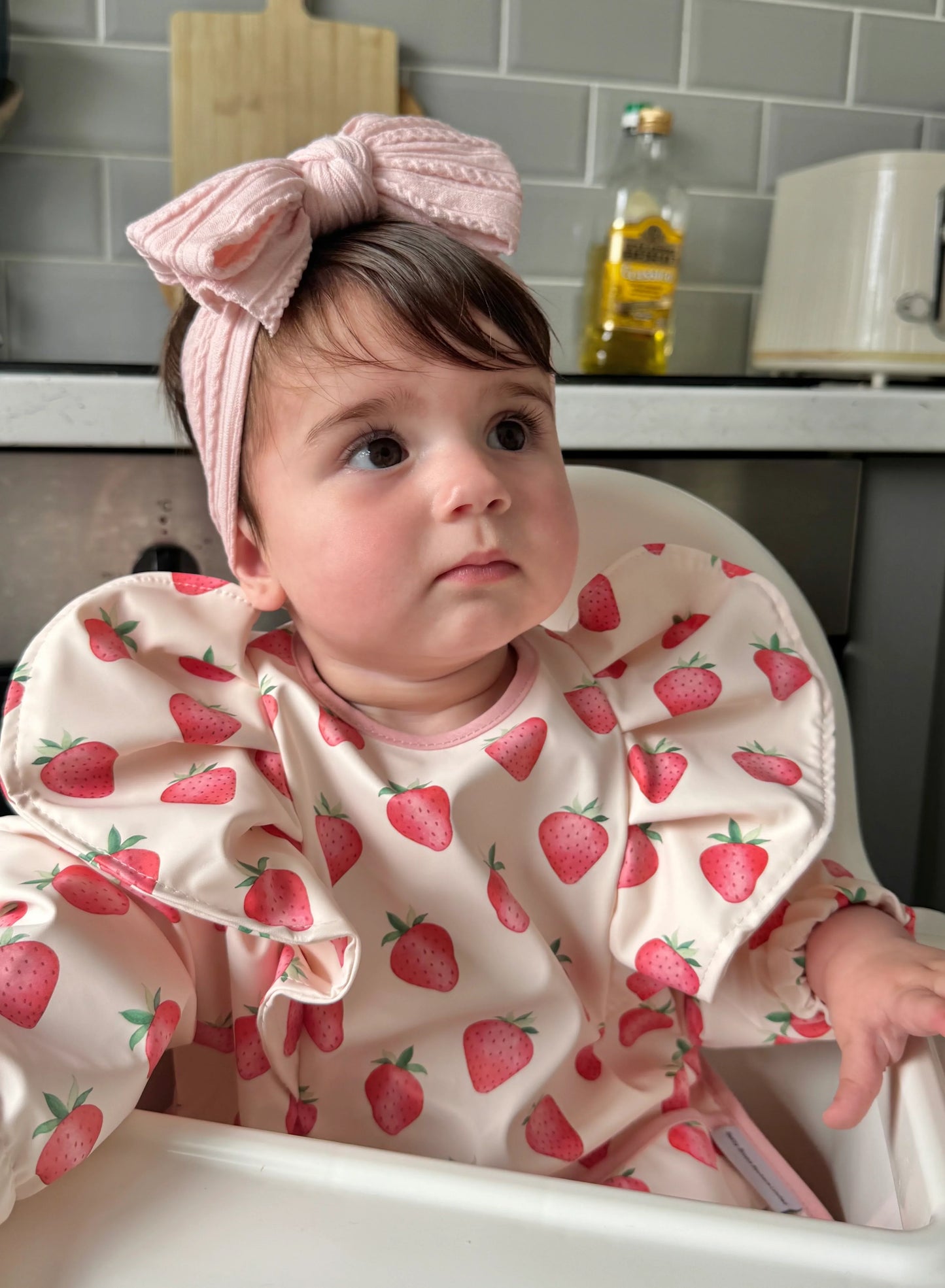 Pale Pink Strawberry Pattern Frill Detailed Waterproof Bib with Sleeves