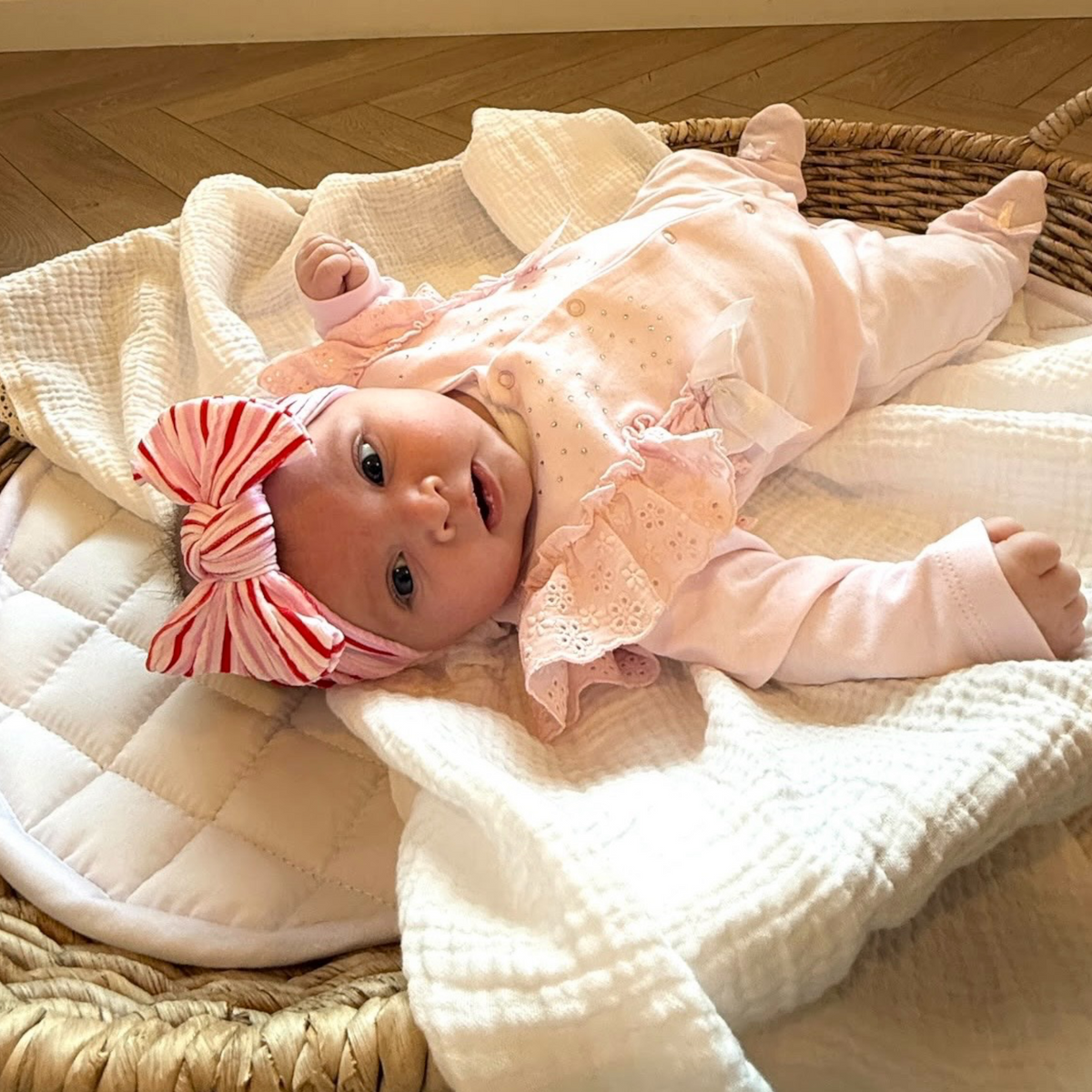 Pink and Red Pinstripe Christmas Pattern Smaller Bow Cable Knit Headband - Christmas Collection
