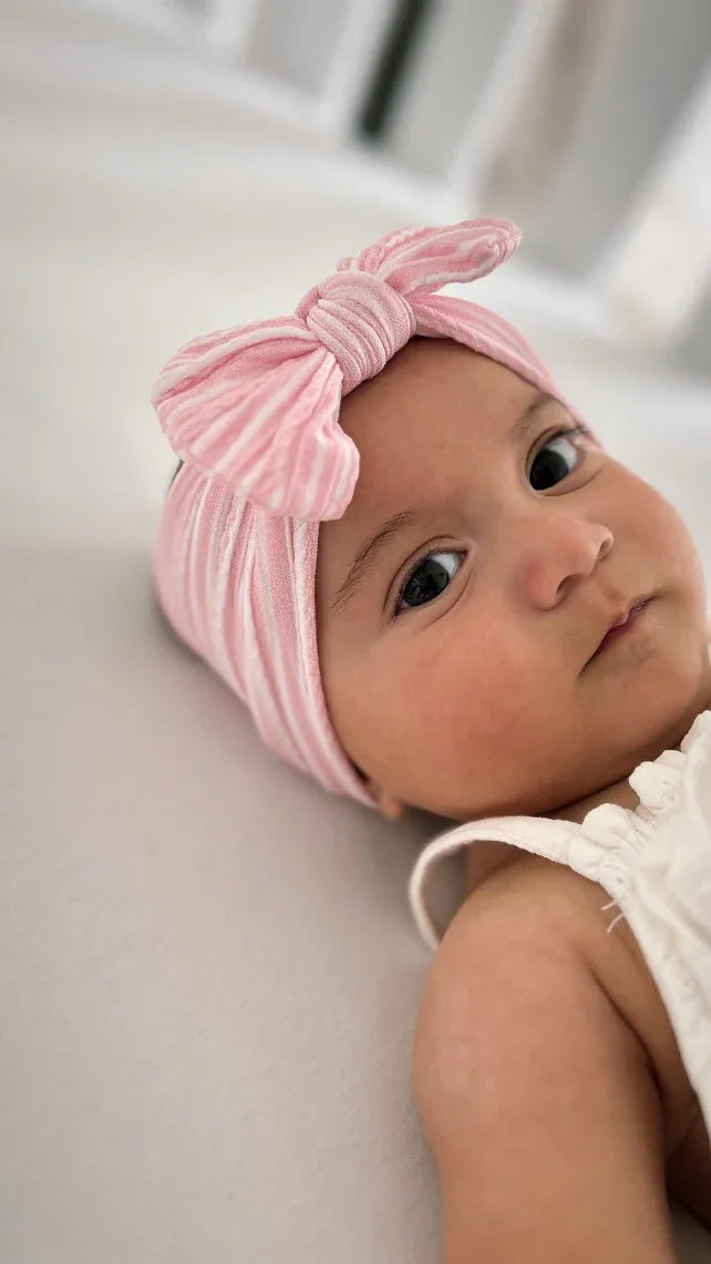 Pink Pinstripe Pattern Smaller Bow Cable Knit Headband