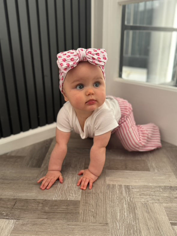 Pink Pinstripe Strawberry Print Larger Bow Cable Knit Headband