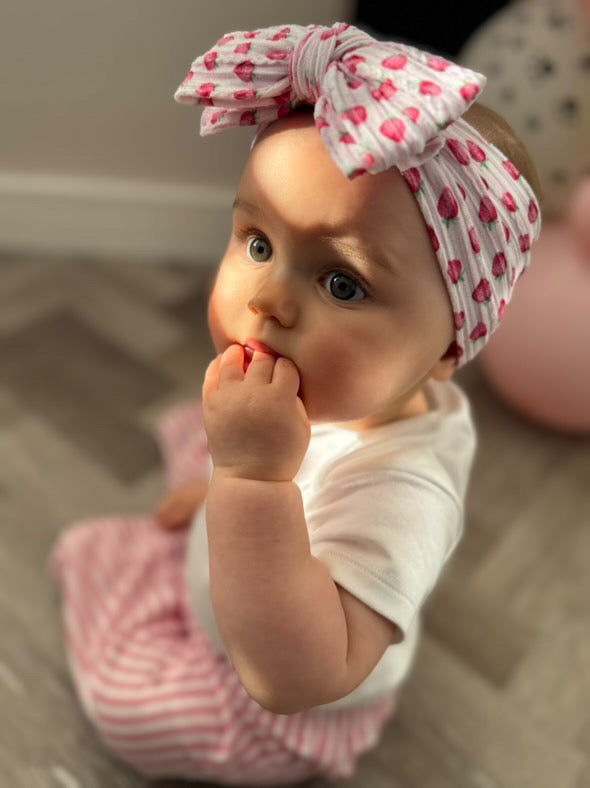 Pink Pinstripe Strawberry Print Larger Bow Cable Knit Headband