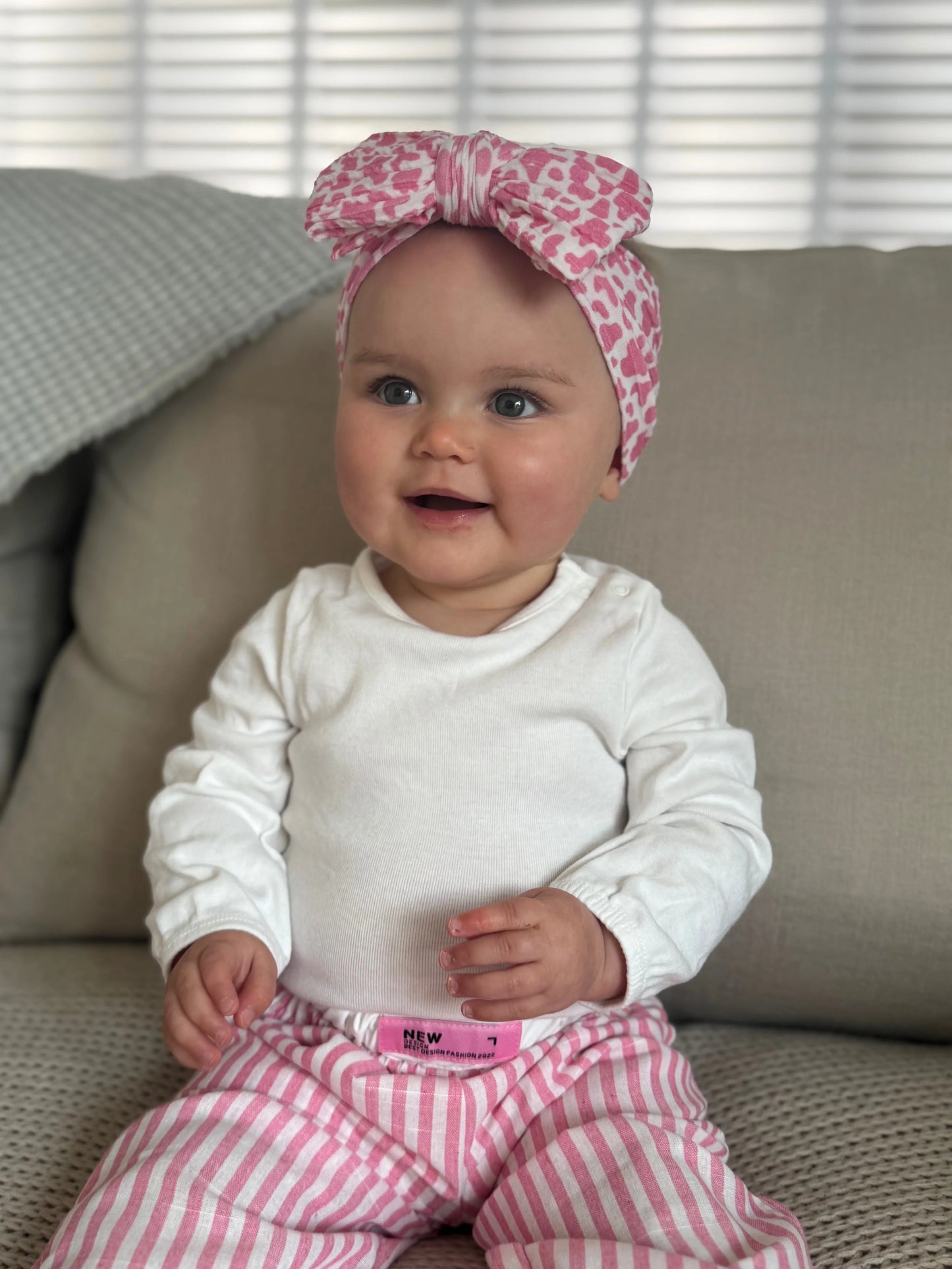 Pink Cow Pattern Larger Bow Cable Knit Headband