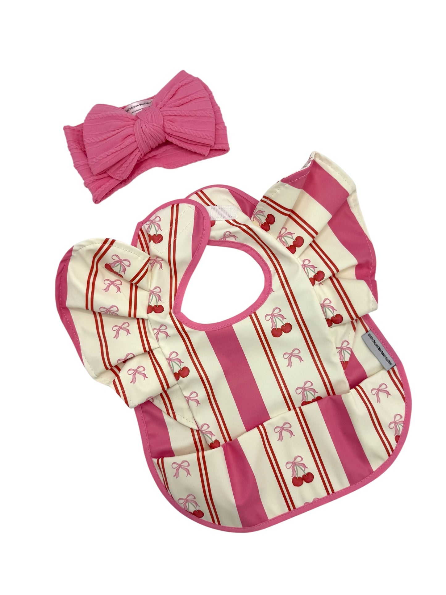 Pink Pinstripe Cherry Pattern Bib Bow Bundle