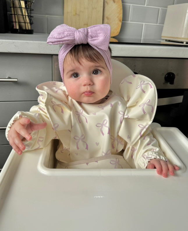 Lilac Bow Print Frill Detailed Waterproof Bib with Sleeves