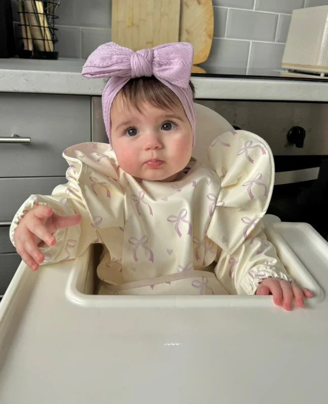 Lilac Bow Pattern Frill Detailed Waterproof Bib with Sleeves