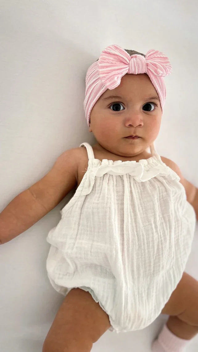 Pink Pinstripe Pattern Smaller Bow Cable Knit Headband