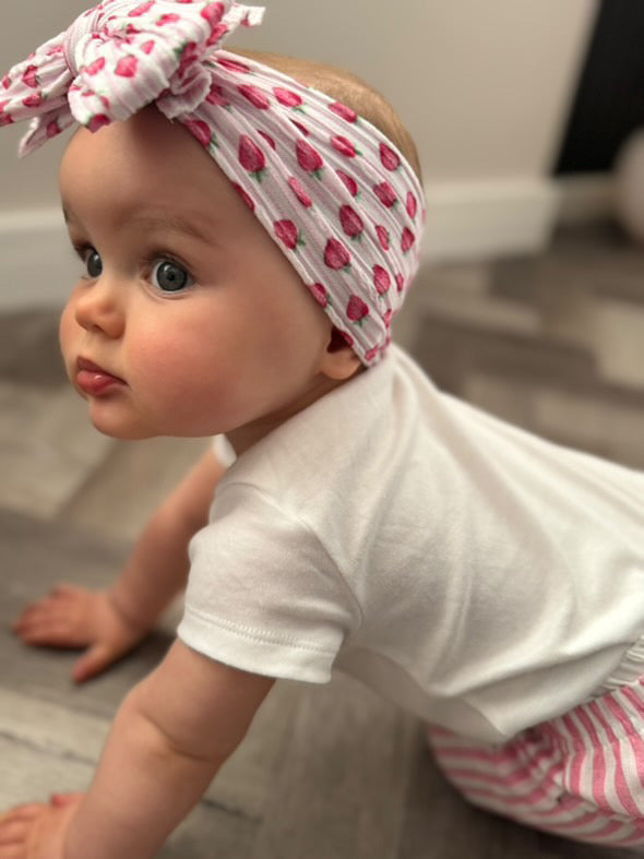 Pink Pinstripe Strawberry Print Larger Bow Cable Knit Headband