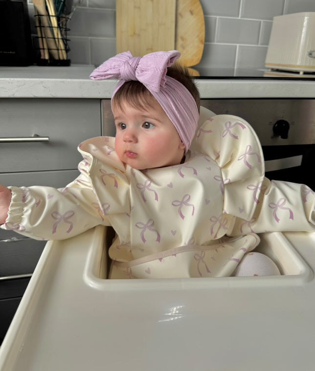 Lilac Bow Print Frill Detailed Waterproof Bib with Sleeves