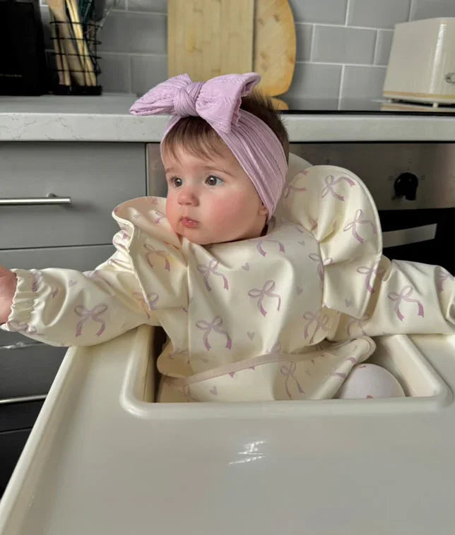 Lilac Bow Pattern Frill Detailed Waterproof Bib with Sleeves