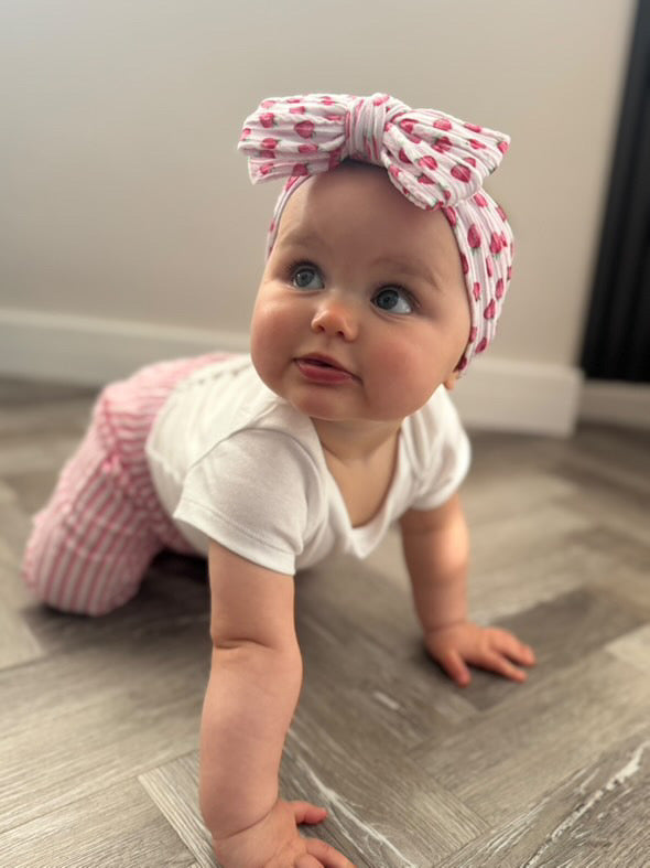 Pink Pinstripe Strawberry Print Larger Bow Cable Knit Headband