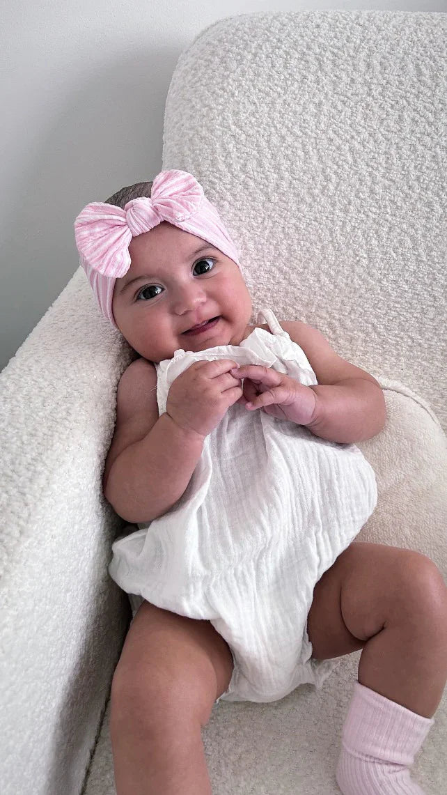 Pink Pinstripe Pattern Smaller Bow Cable Knit Headband
