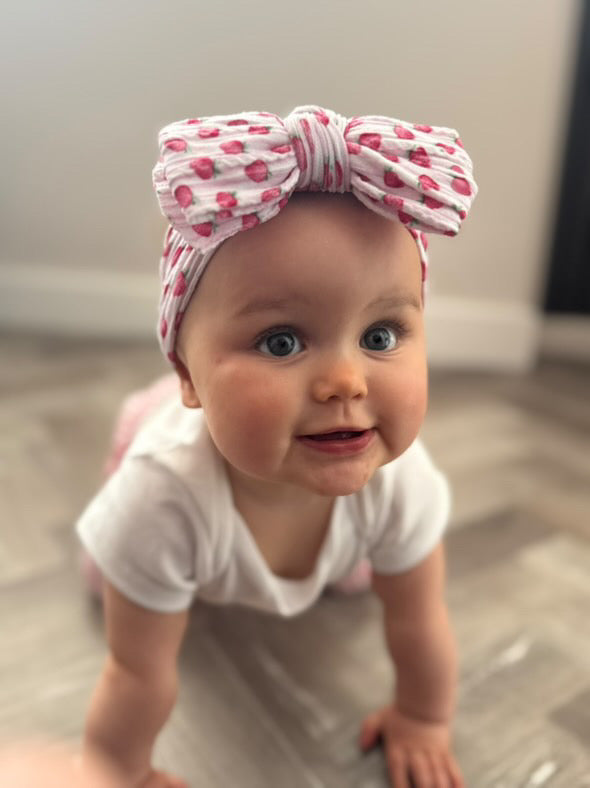 Pink Pinstripe Strawberry Print Larger Bow Cable Knit Headband