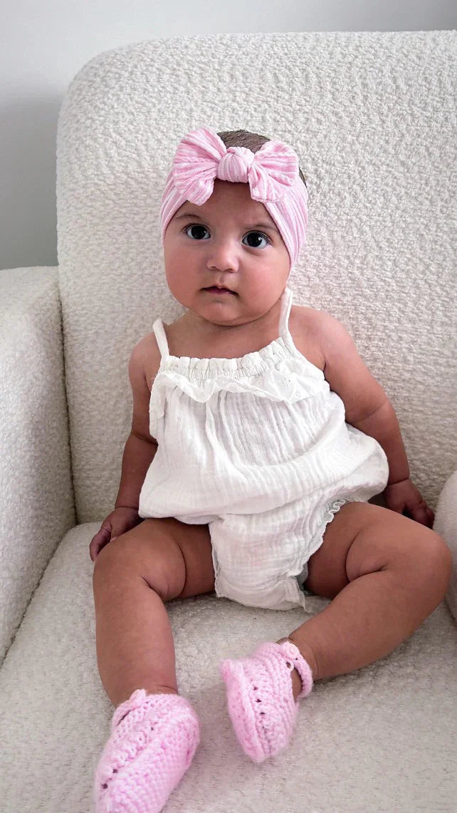 Pink Pinstripe Pattern Smaller Bow Cable Knit Headband