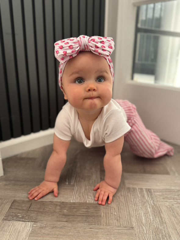 Pink Pinstripe Strawberry Print Larger Bow Cable Knit Headband