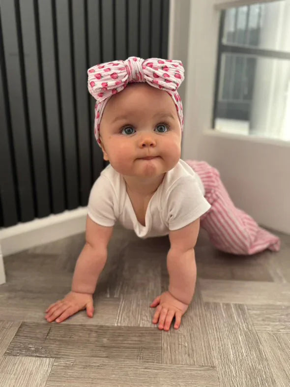 Pink Pinstripe Strawberry Pattern Larger Bow Cable Knit Headband