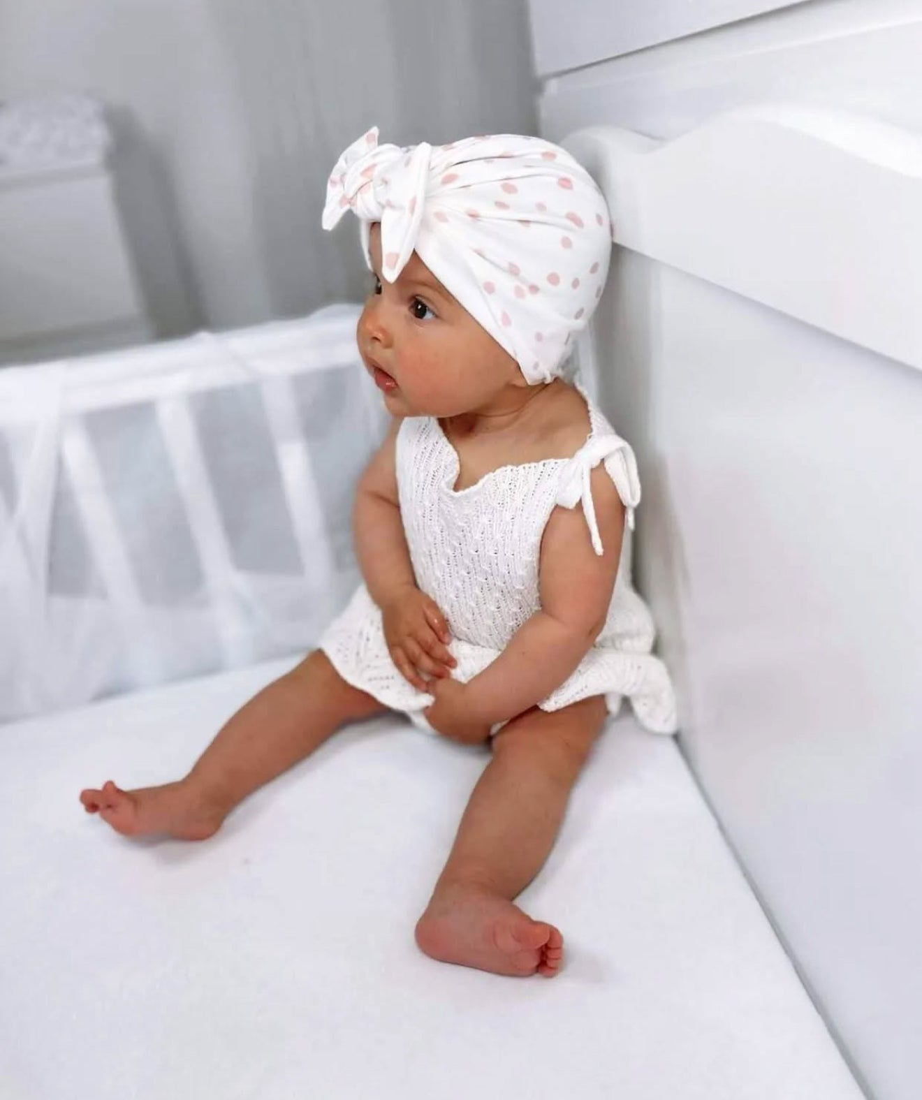 Pink and White Dalmatian Print Turban Hat With Bow