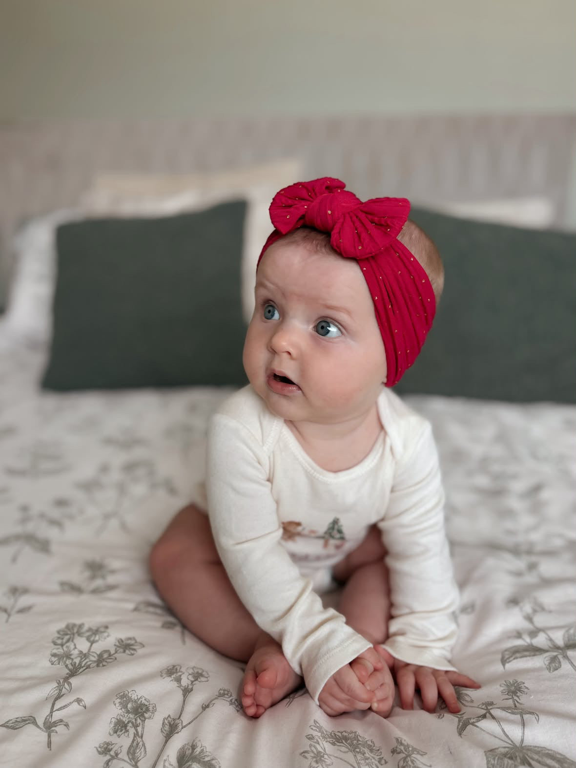 Raspberry Red Cable Knit Gold Spots Smaller Bow Headband - Christmas Collection