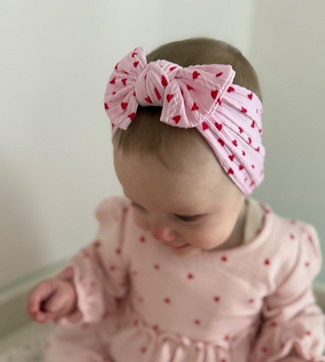 Pink and Red Heart Smaller Bow Cable Knit Headband - Valentines Collection