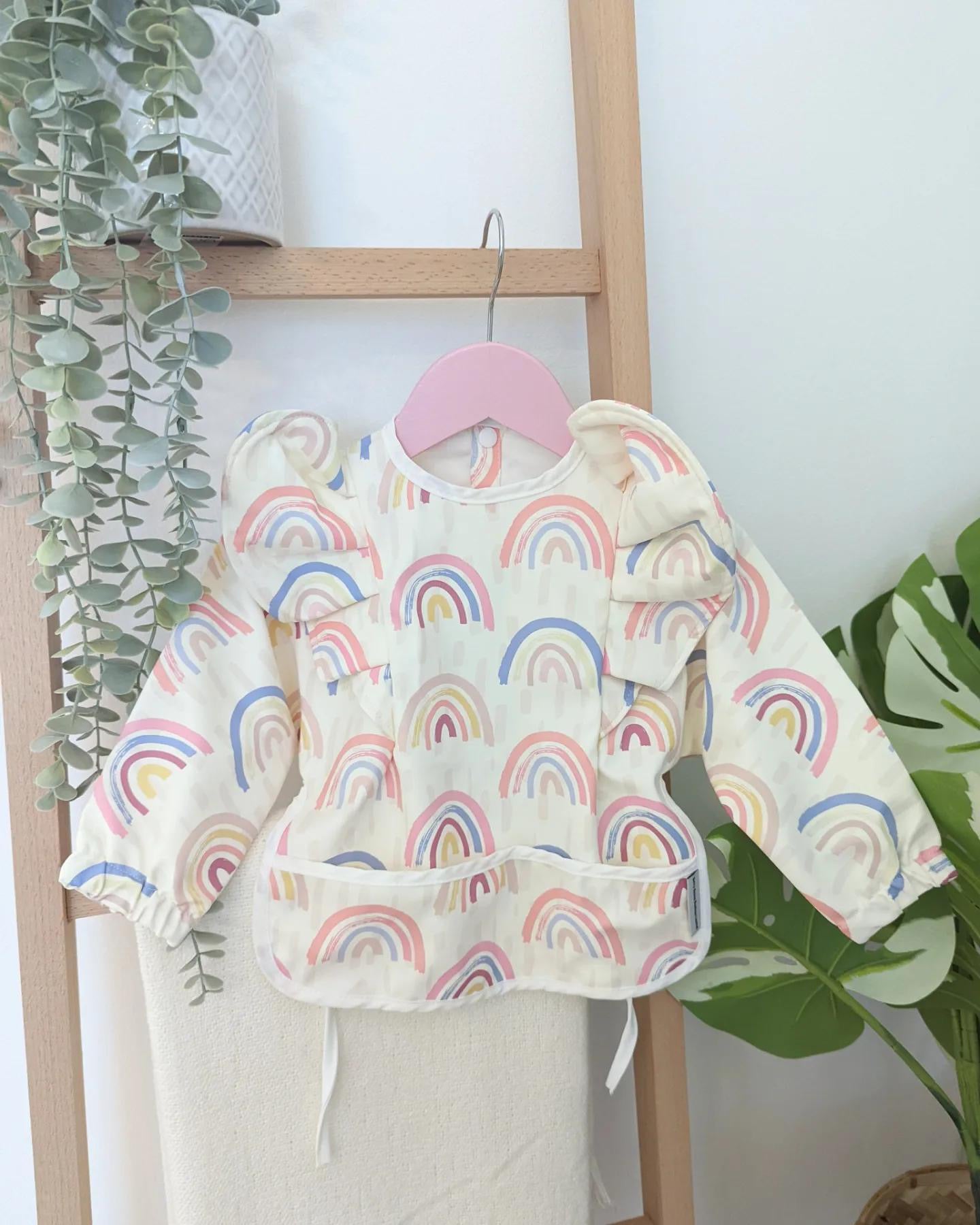 Pastel Rainbow Pattern Frill Detailed Waterproof Bib with Sleeves