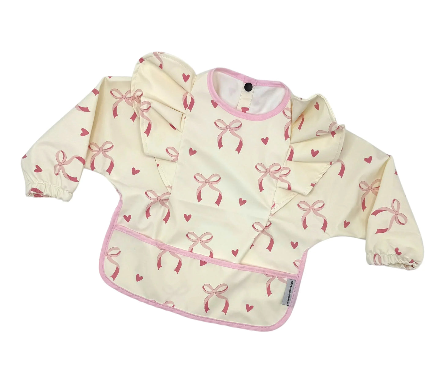 Light Pink Bow Pattern Frill Detailed Waterproof Bib with Sleeves