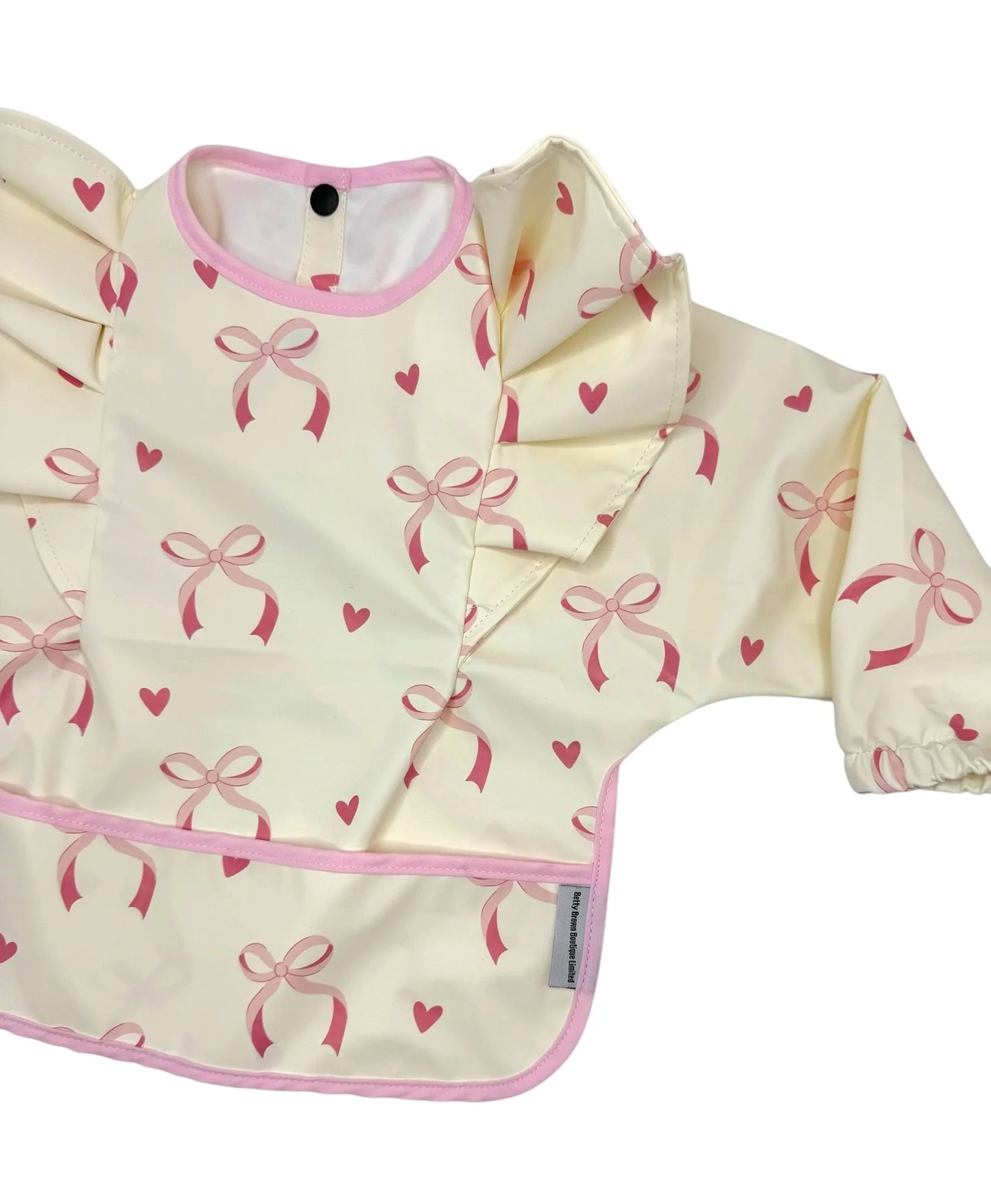 Light Pink Bow Pattern Frill Detailed Waterproof Bib with Sleeves