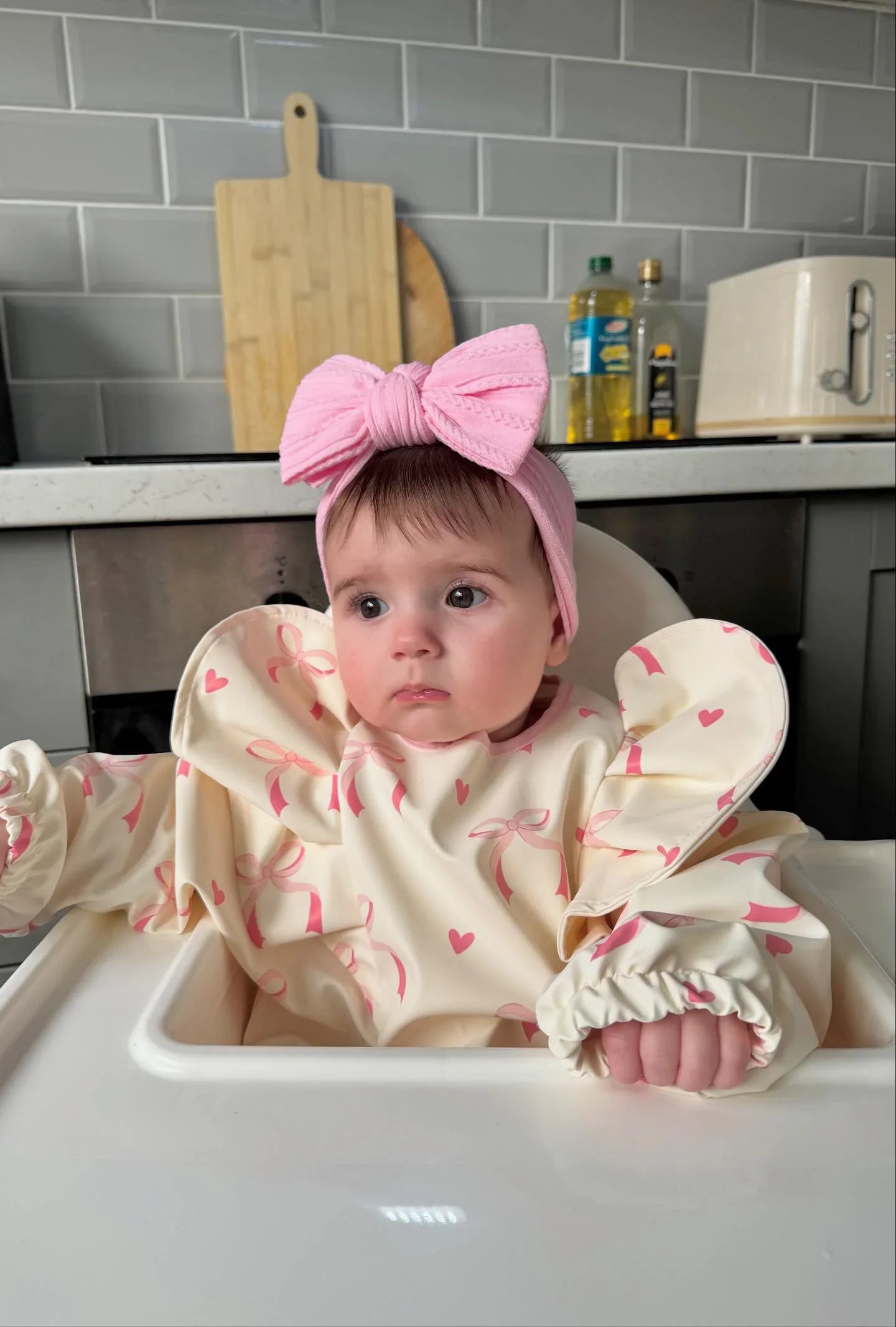 Light Pink Bow Pattern Frill Detailed Waterproof Bib with Sleeves