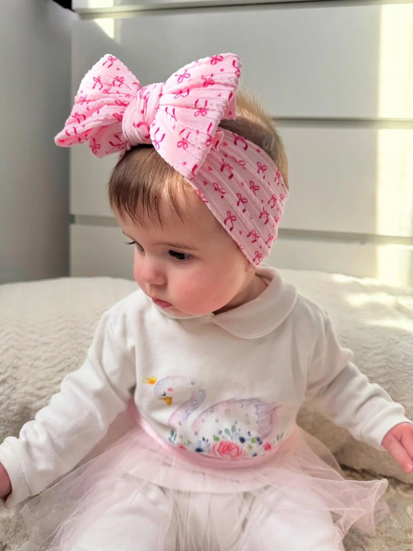 Pink Bow Pattern Larger Bow Cable Knit Headband