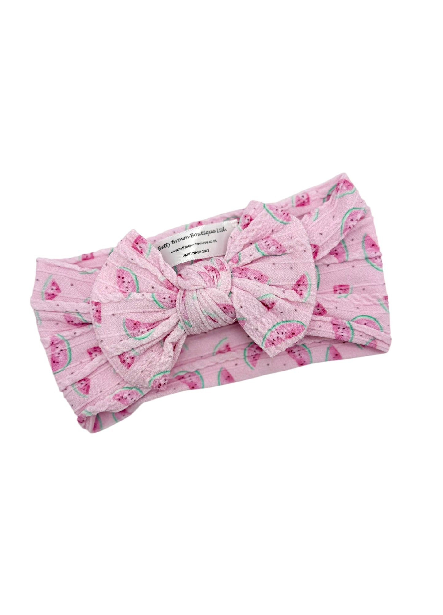 Pink Watermelon Print Smaller Bow Cable Knit Headband