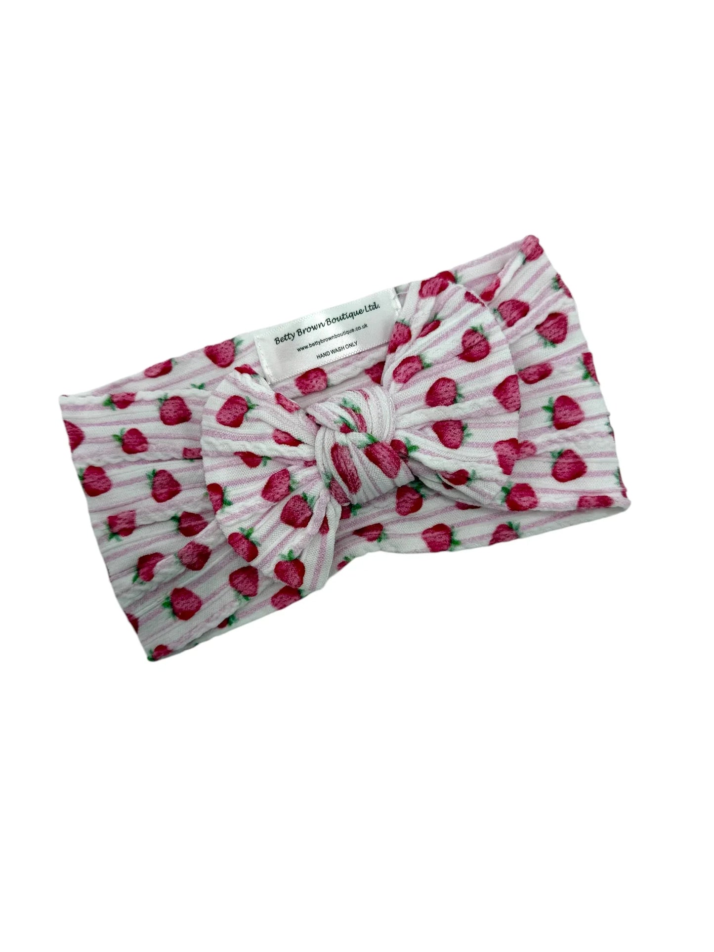 Pink Pinstripe Strawberry Pattern Smaller Bow Cable Knit Headband