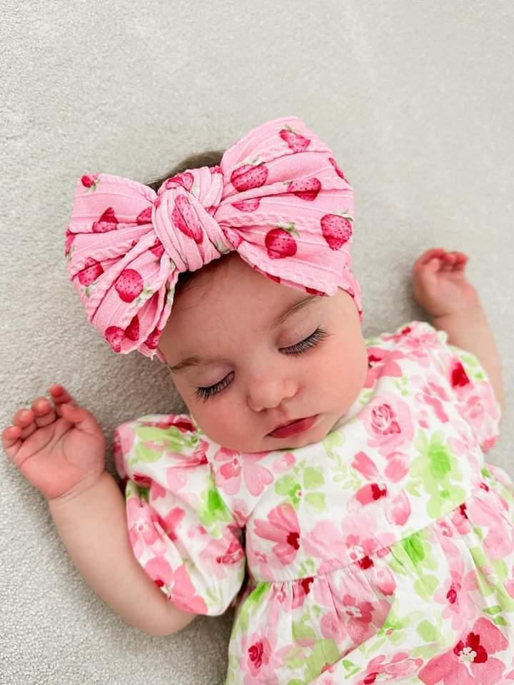 Pink Strawberry Print Larger Bow Cable Knit Headwrap - Betty Brown Boutique Ltd