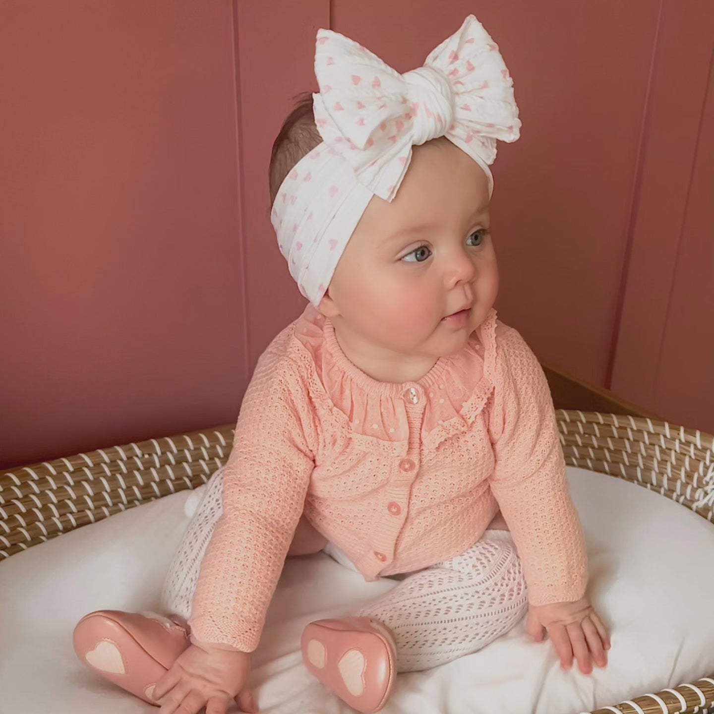 Pink and White Hearts Larger Bow Cable Knit Headwrap - Valentines Collection - Betty Brown Boutique Ltd