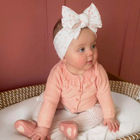 Pink and White Hearts Larger Bow Cable Knit Headwrap - Valentines Collection - Betty Brown Boutique Ltd