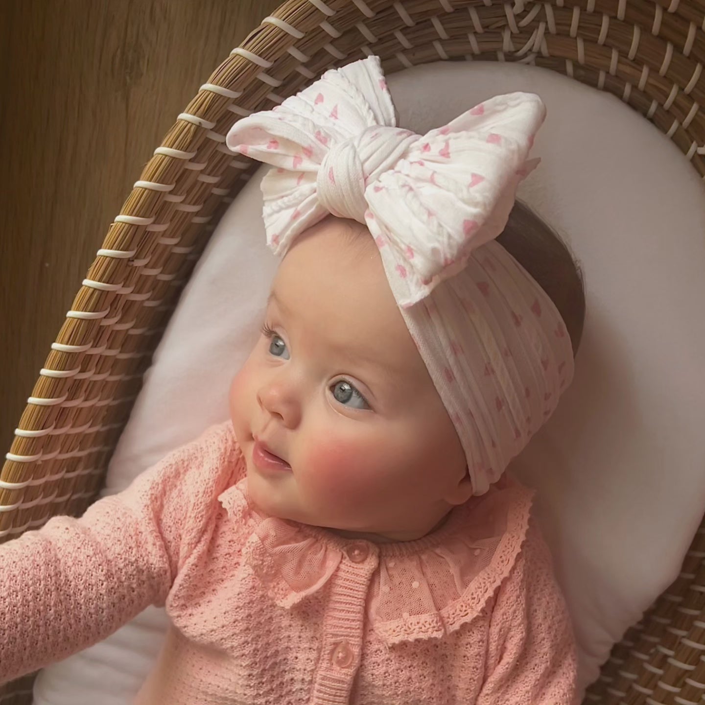 Pink and White Hearts Larger Bow Cable Knit Headwrap - Valentines Collection - Betty Brown Boutique Ltd