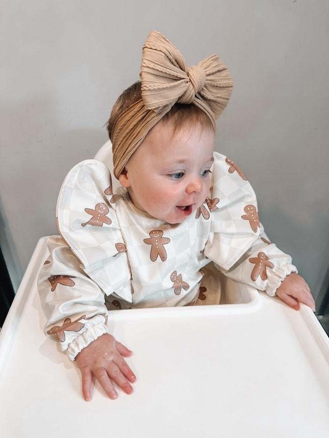 Gingham Gingerbread Man Christmas Print Frill Detailed Waterproof Bib with Sleeves - Betty Brown Boutique Ltd