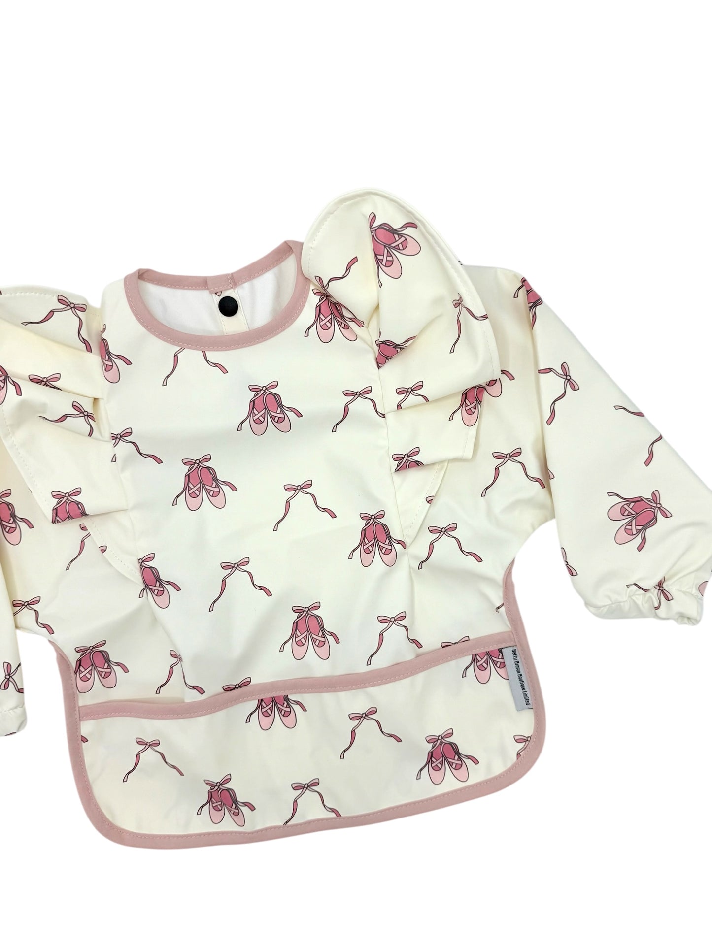 Pink Ballet Shoe Print Frill Detailed Waterproof Bib with Sleeves