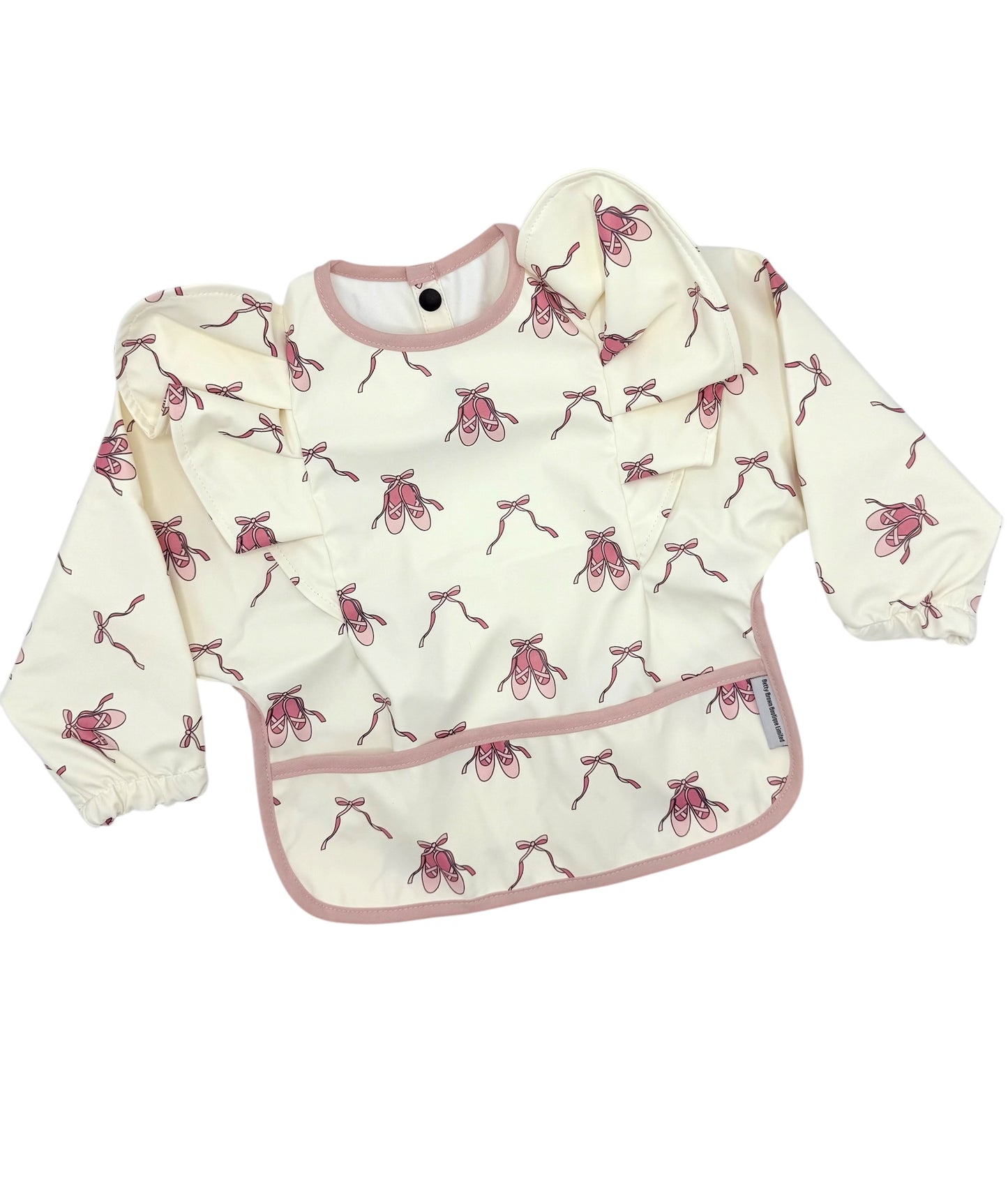 Pink Ballet Shoe Print Frill Detailed Waterproof Bib with Sleeves