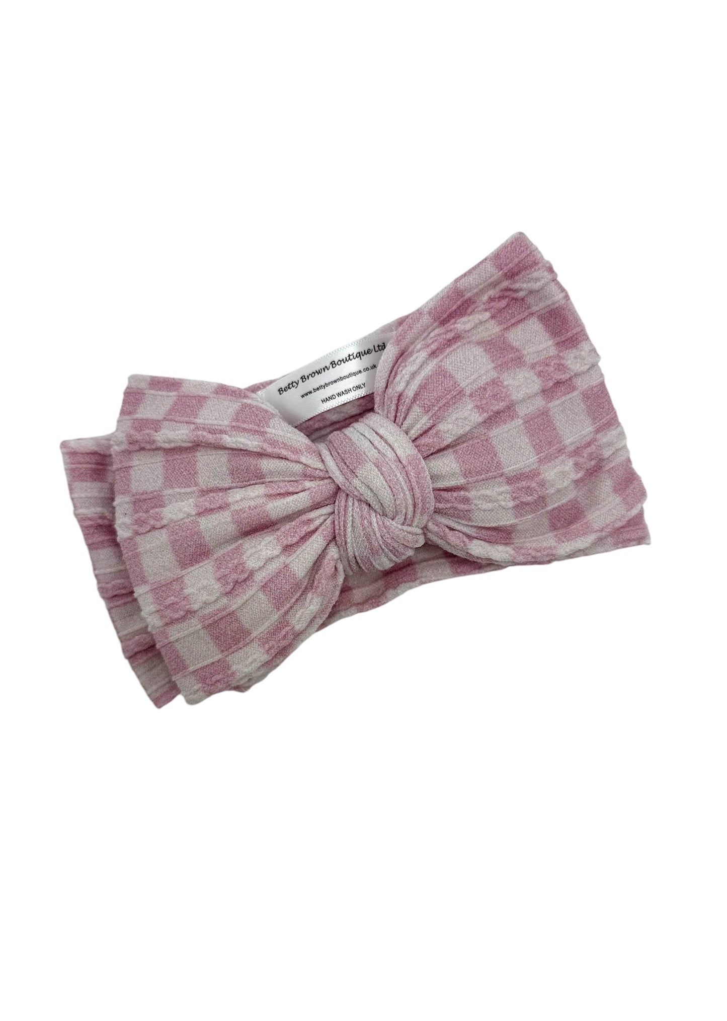 Pink Checkered Print Larger Bow Cable Knit Headband