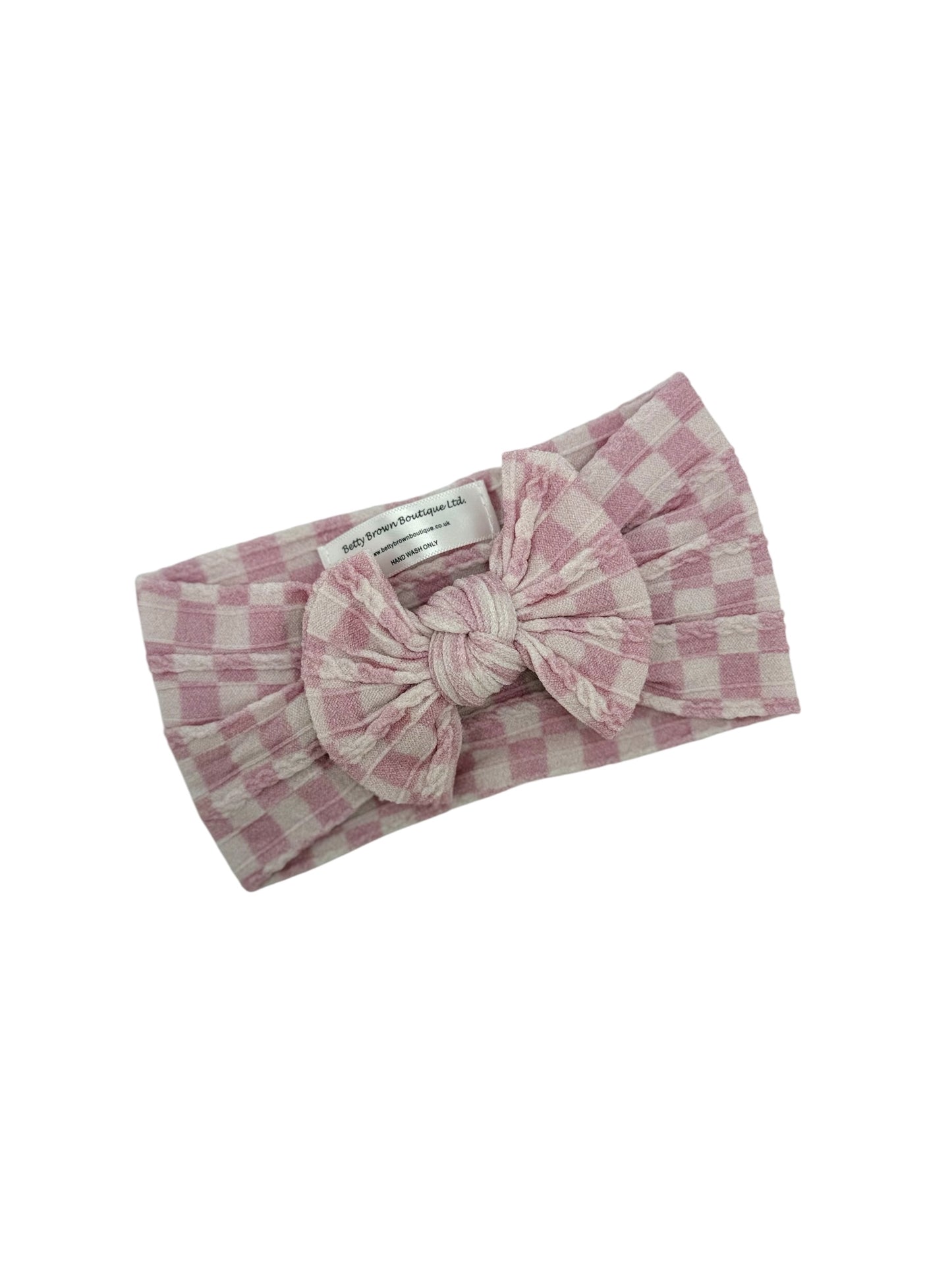 Pink Checkered Print Smaller Bow Cable Knit Headband