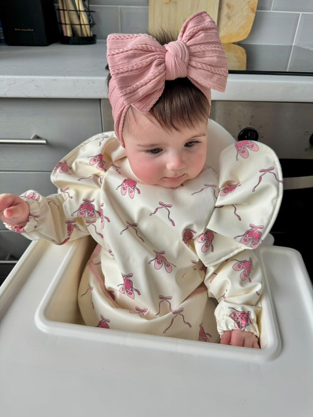 Pink Ballet Shoe Print Frill Detailed Waterproof Bib with Sleeves