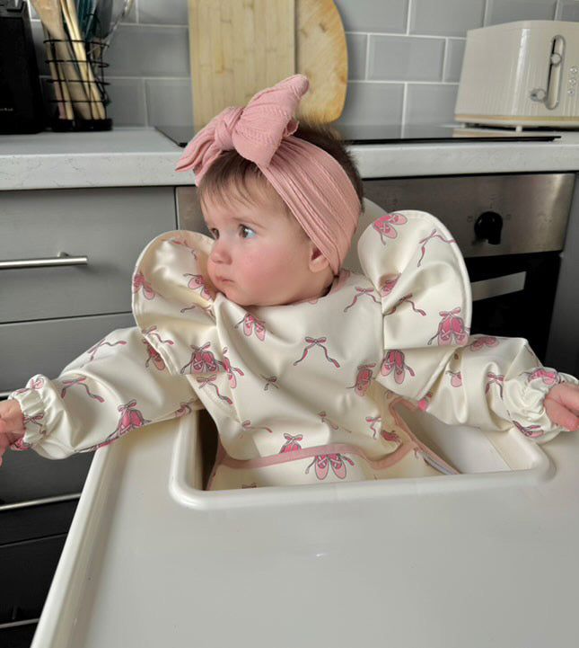 Pink Ballet Shoe Print Frill Detailed Waterproof Bib with Sleeves