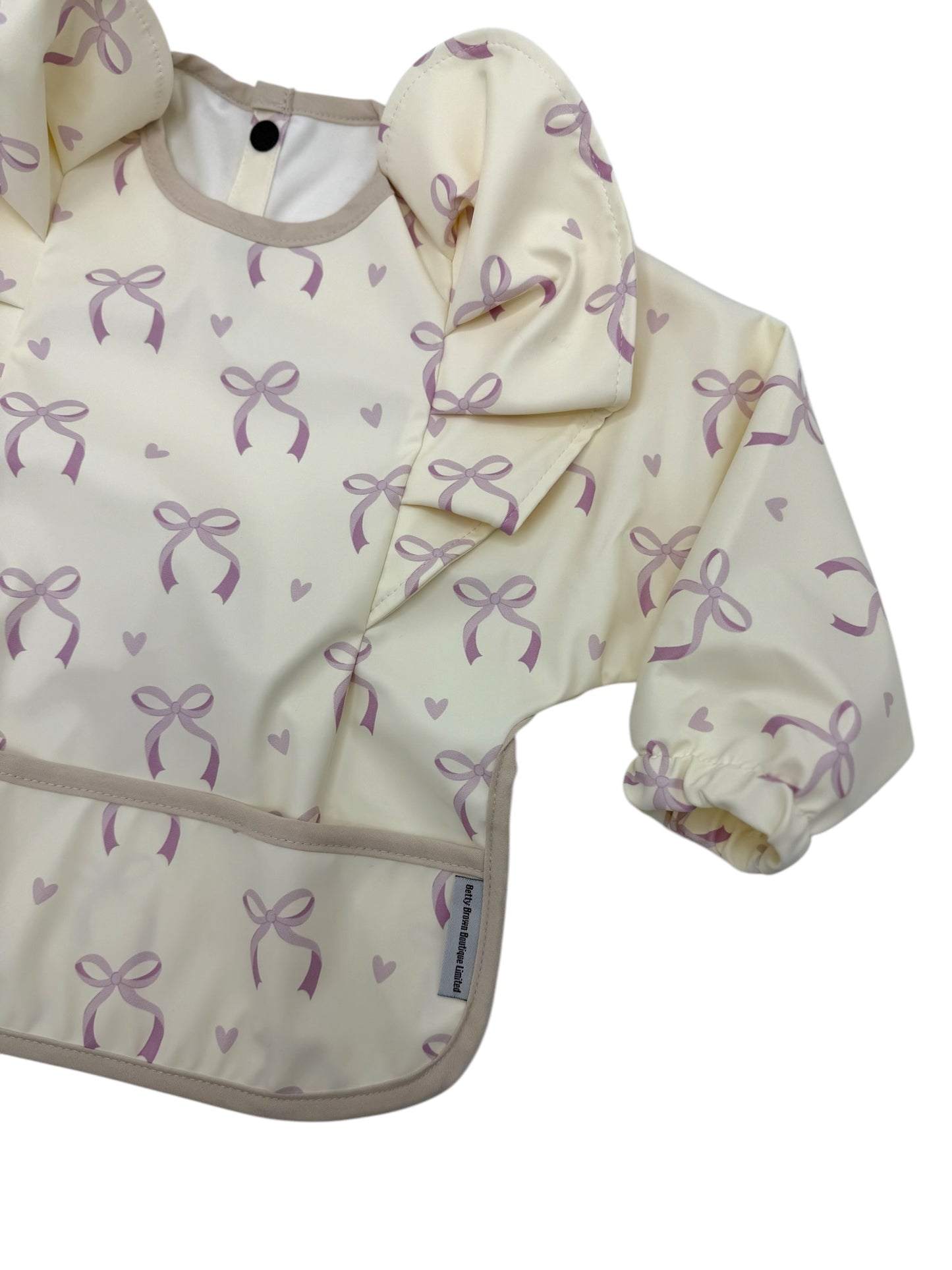 Lilac Bow Print Frill Detailed Waterproof Bib with Sleeves