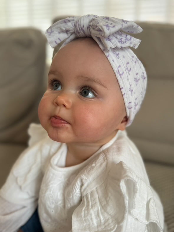 Lilac Bow Print Larger Bow Cable Knit Headband