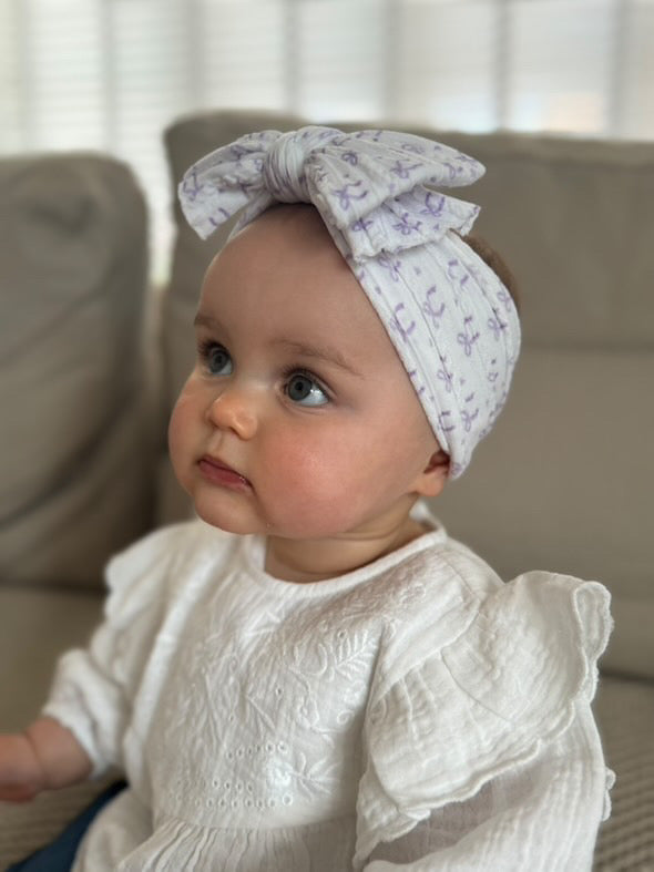Lilac Bow Print Larger Bow Cable Knit Headband