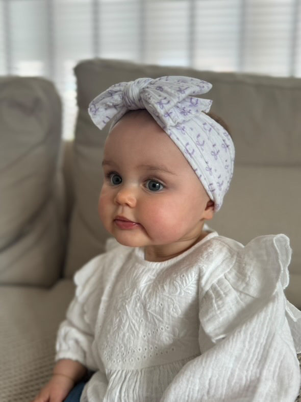 Lilac Bow Print Larger Bow Cable Knit Headband