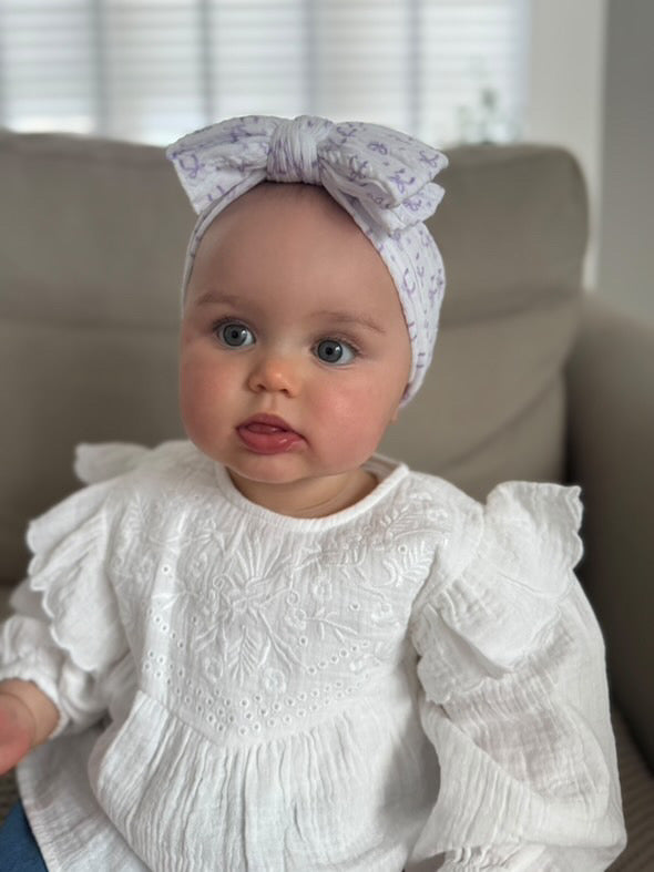 Lilac Bow Print Larger Bow Cable Knit Headband