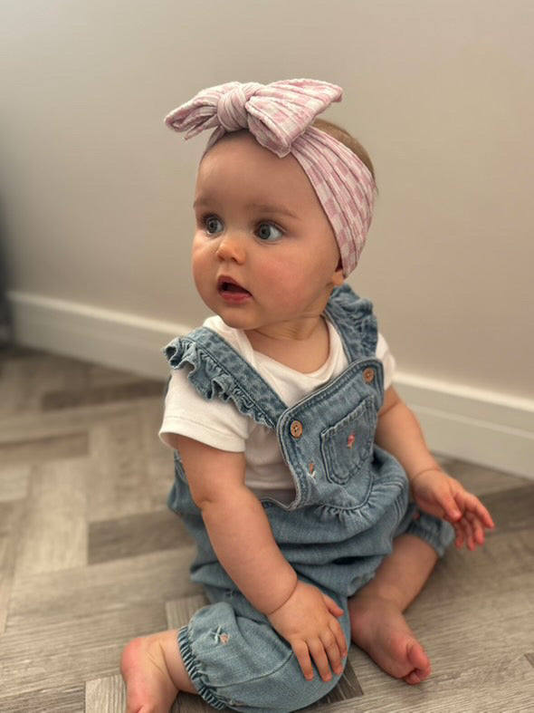 Pink Checkered Print Larger Bow Cable Knit Headband