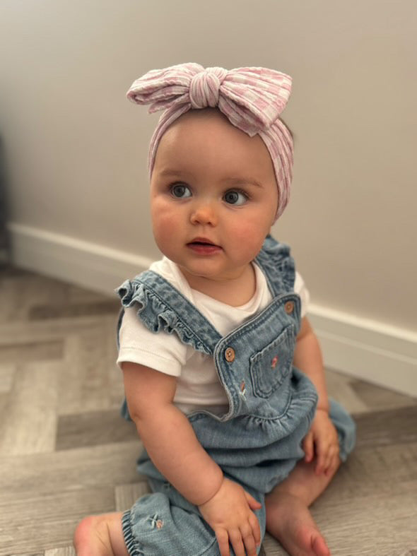 Pink Checkered Print Larger Bow Cable Knit Headband