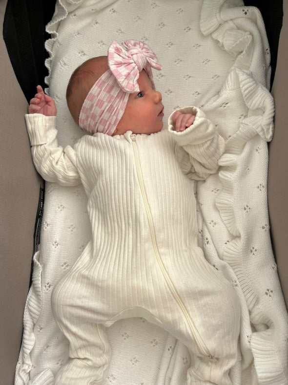 Pink Checkered Print Smaller Bow Cable Knit Headband