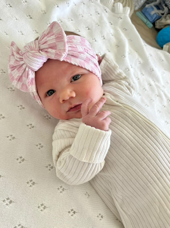 Pink Checkered Print Smaller Bow Cable Knit Headband