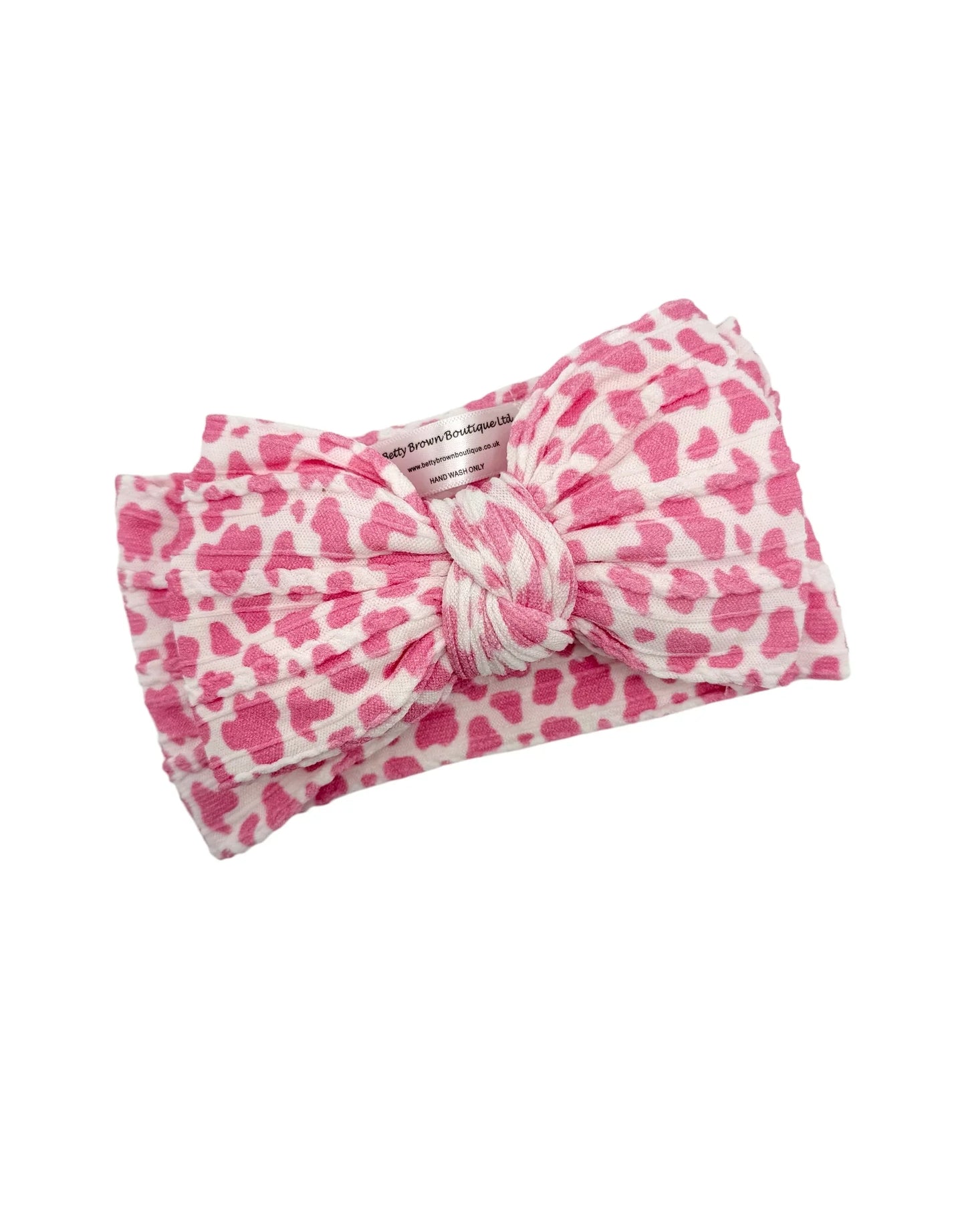 Pink Cow Pattern Larger Bow Cable Knit Headband